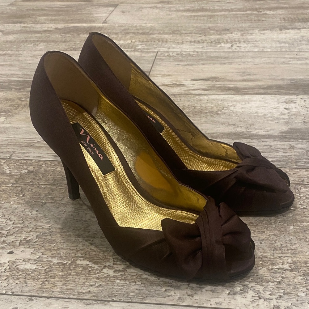 NINA New York Brown Satin Fabric Open Toe Heel Pump